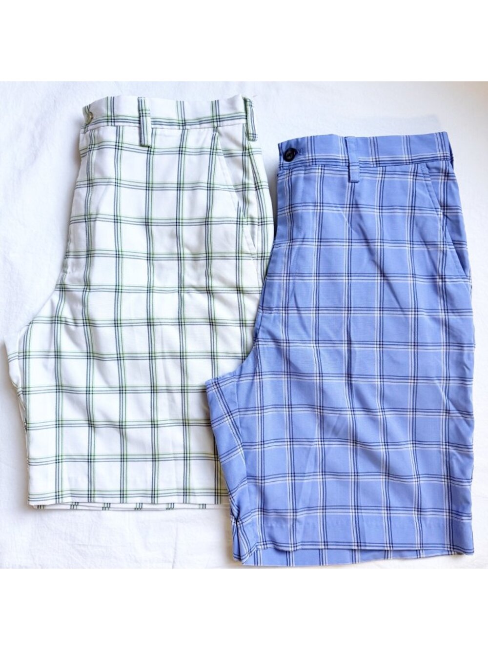 Izod Golf Mens 34 Shorts Performance Flat Front Plaid Blue White Green Lot of 2